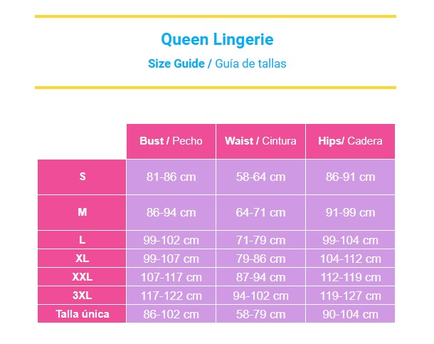 Guia de tamanhos Queen lingerie