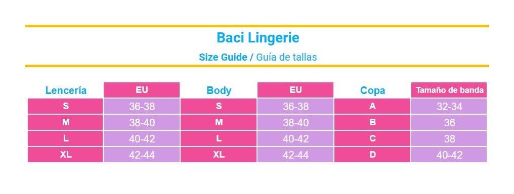 Guia de tamanhos Baci Lingerie