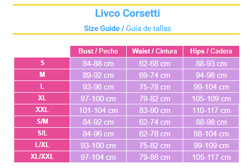 Guia de tamanhos Livco Corsetti