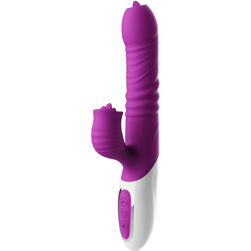 VIBRADOR DE LÍNGUA DUPLA E EFEITO DE CALOR VIOLETA DE EMPURR