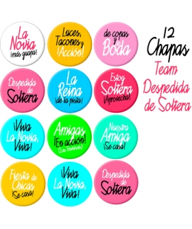 BOLSA DE CHAPAS TEAM BRIDE Set de 12 chapas temáticas para despedida de soltera