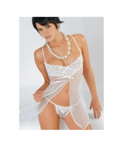 BABYDOLL DE MIRCOTUL Attraente babydoll bianco in micro tulle con reggiseno in pizzo e apertura frontale