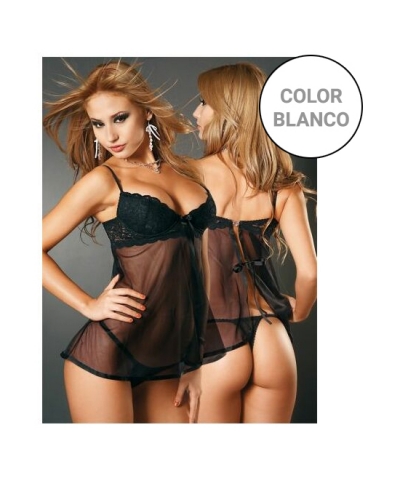 AURA SENSUAL Babydoll sensuale in pizzo e microtul e apertura posteriore bianca