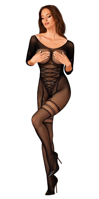 BODYSTOCKING G329 Bodystocking negro floral, mangas largas, entrepierna abierta