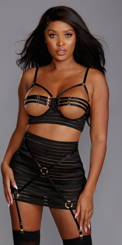 CONJUNTO STRAPPY OPEN Sujetador de copa abierta con tiras y falda de liga - negro