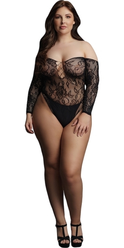 WONDER RHINESTONE PLUS Sexy body de encaje negro con cuerdas para chicas curvy