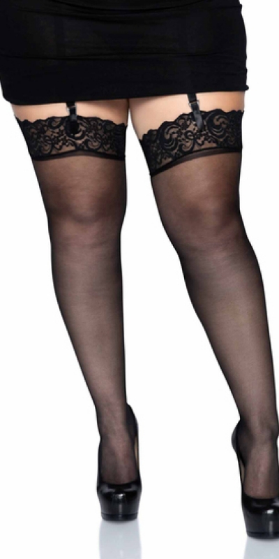 LEG AVENUE  SILKY Medias de nylon negras con encaje superior plus