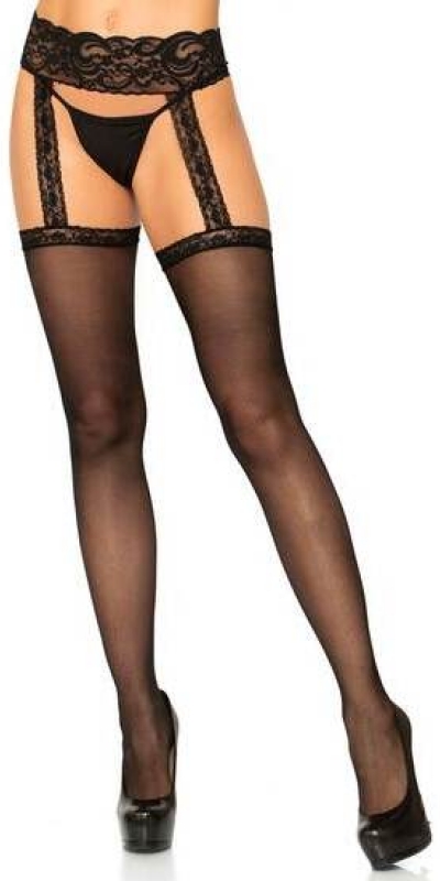 LEG AVENUE  SEXY Medias negras con liguero de encaje adjunto