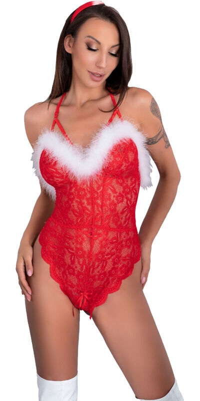 SANTAS LACE LADY BODY CROTCHLE Corpo de natal sensual com entrepernas abertas.