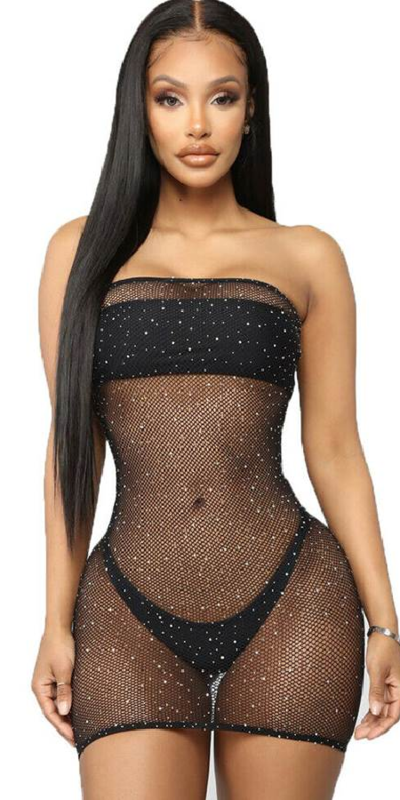 BRILLO DE LOS DIOSES Vestido de lingerie sensual, transparente e elástico.